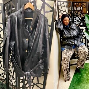 Boohoo Plus Black Leather Jacket with Gold Buttons